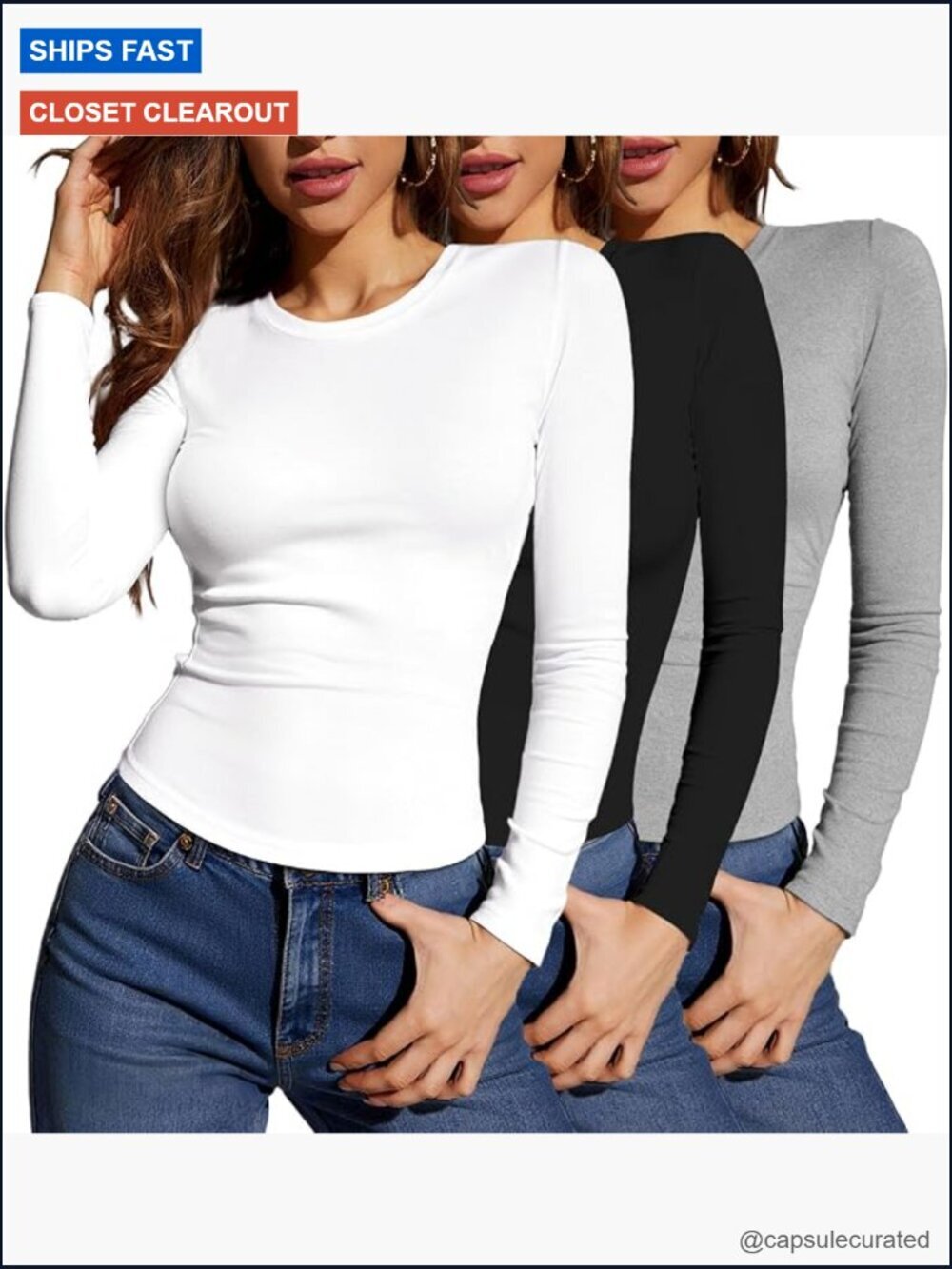 3-Pack Long Sleeve Crew Neck T-Shirt Slim Fit Basic Tee